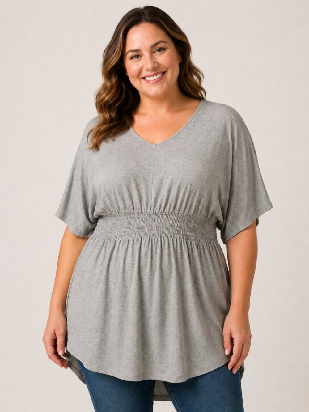 Serra Gray V-Neck Smocked Empire Waist Top XL 16/18 Flutter Sleeve Tunic